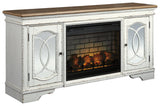 Realyn TV stand with electric fireplace angled side view showing decorative fretwork