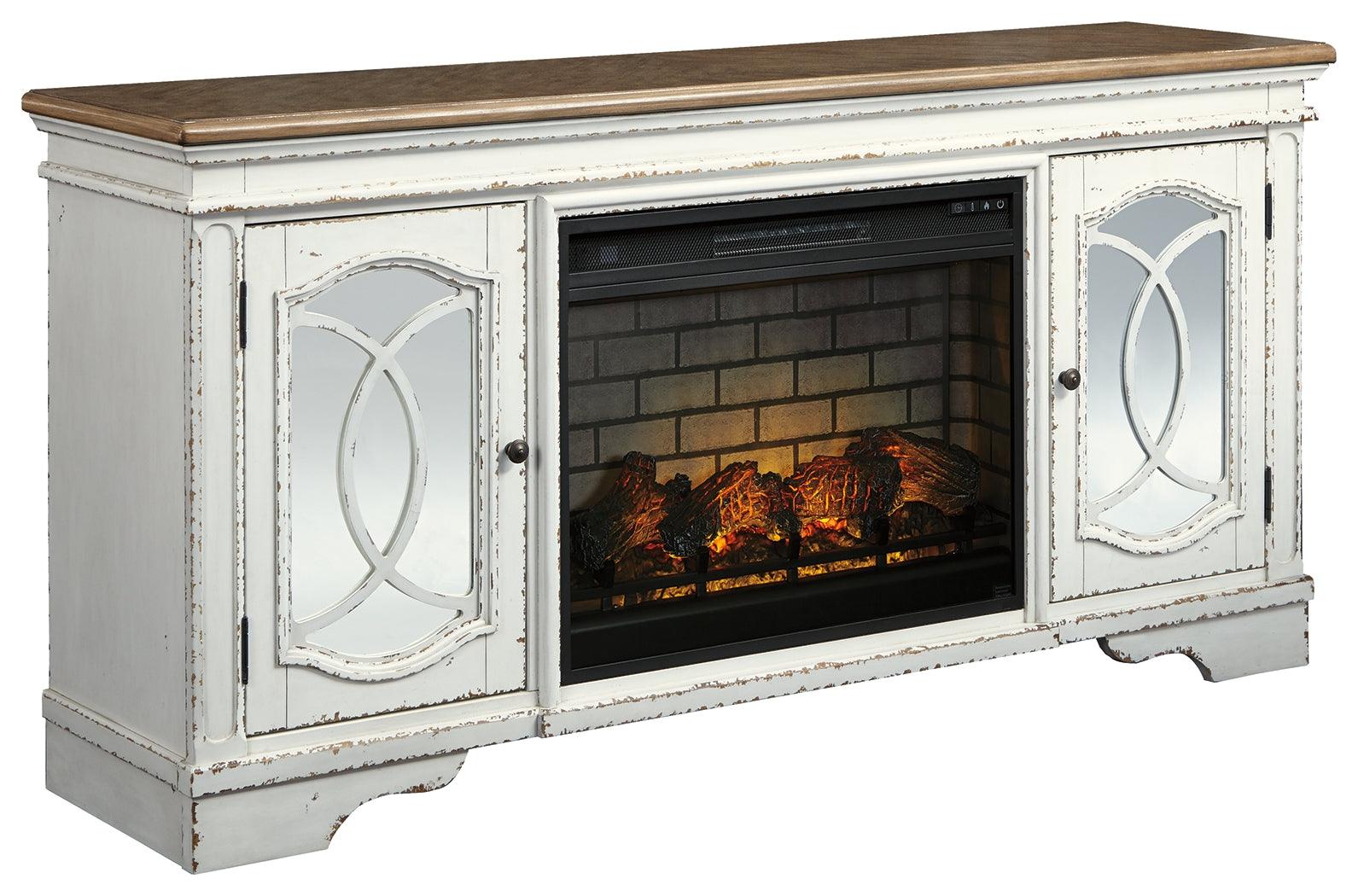 Realyn TV stand with electric fireplace angled side view showing decorative fretwork