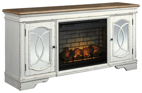 Realyn TV stand with electric fireplace angled side view showing decorative fretwork