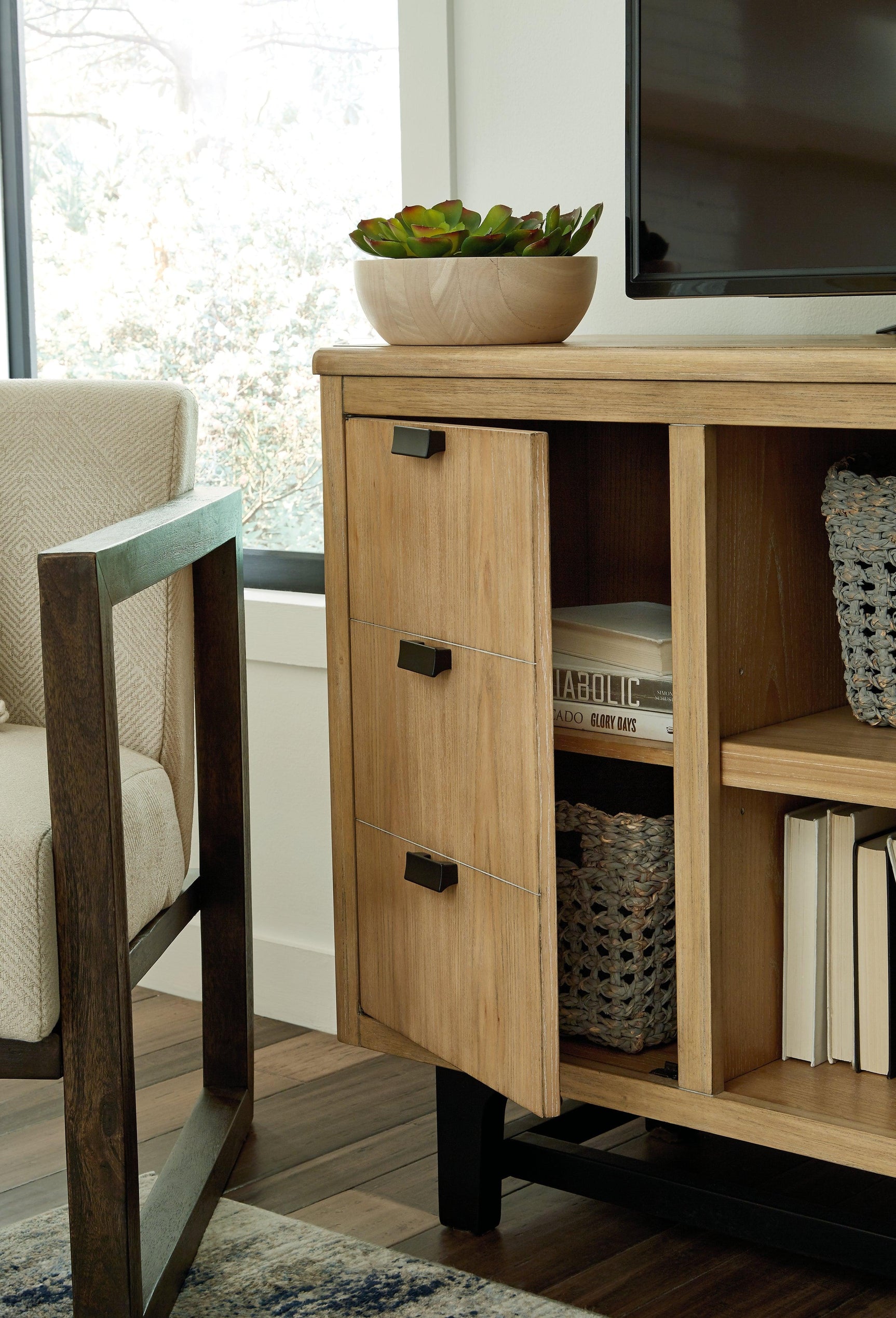 Freslowe Light Brown/Black Large Tv Stand - Ella Furniture