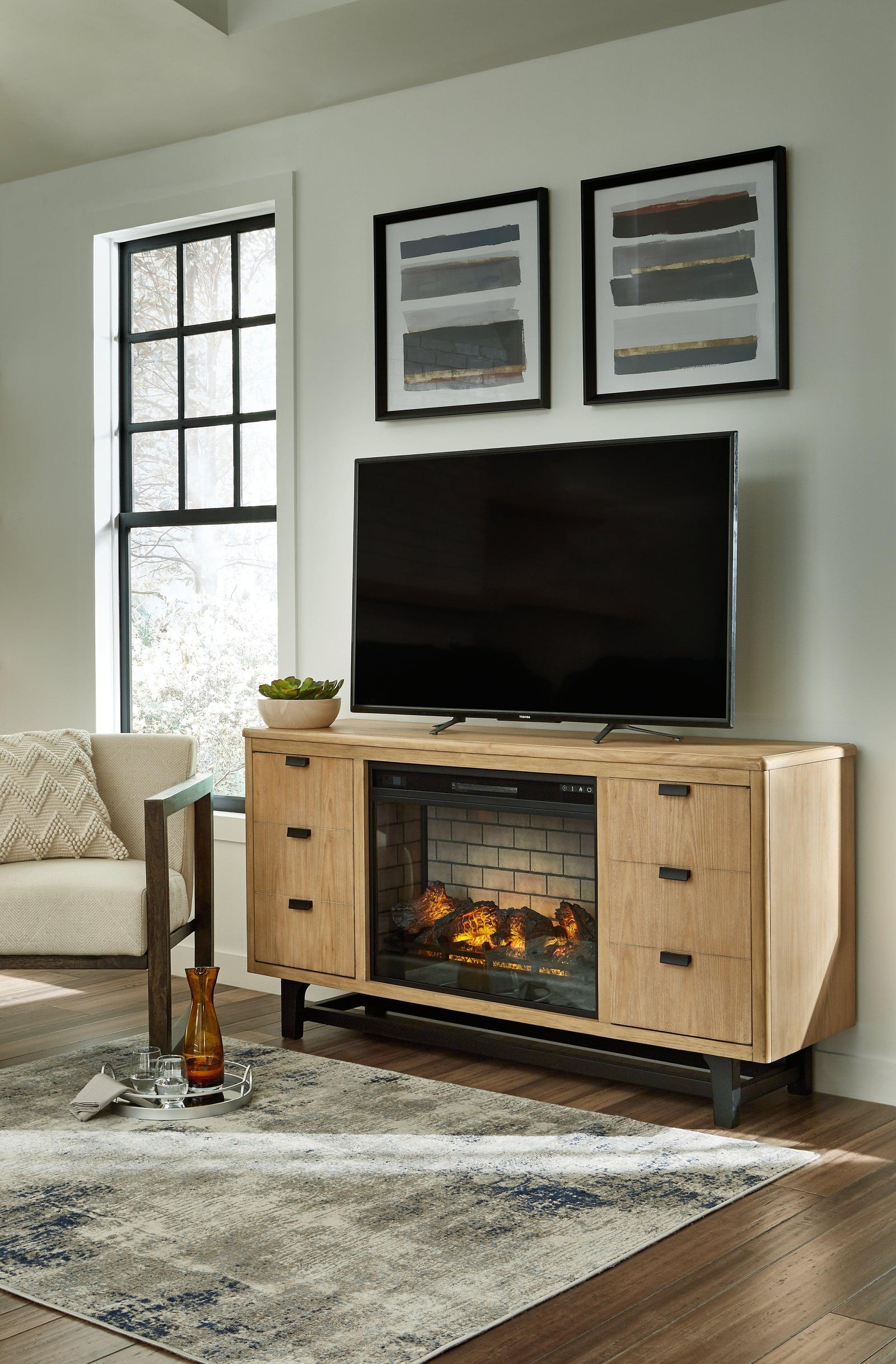 Freslowe Light Brown/Black Tv Stand With Electric Fireplace - Ella Furniture