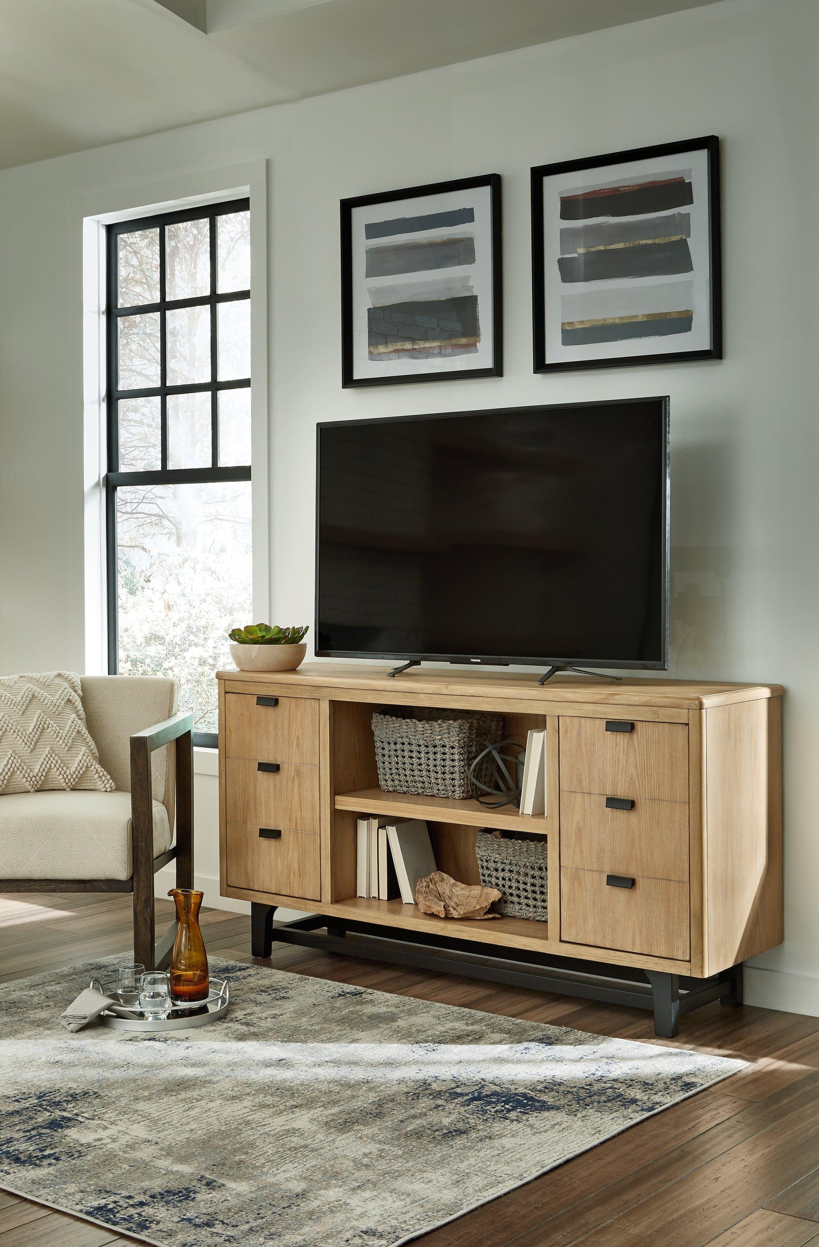 Freslowe Light Brown/Black Large Tv Stand - Ella Furniture