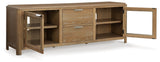 Rencott TV stand side angle with open doors showing shelves