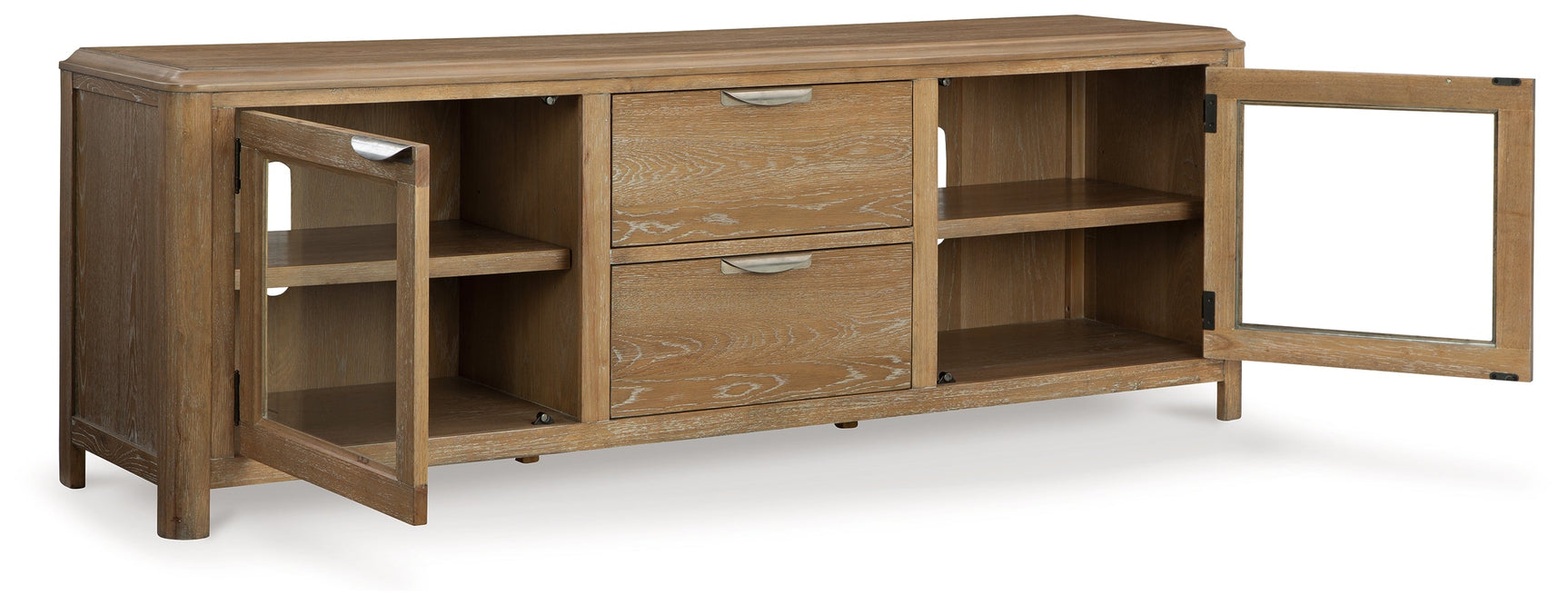 Rencott TV stand side angle with open doors showing shelves