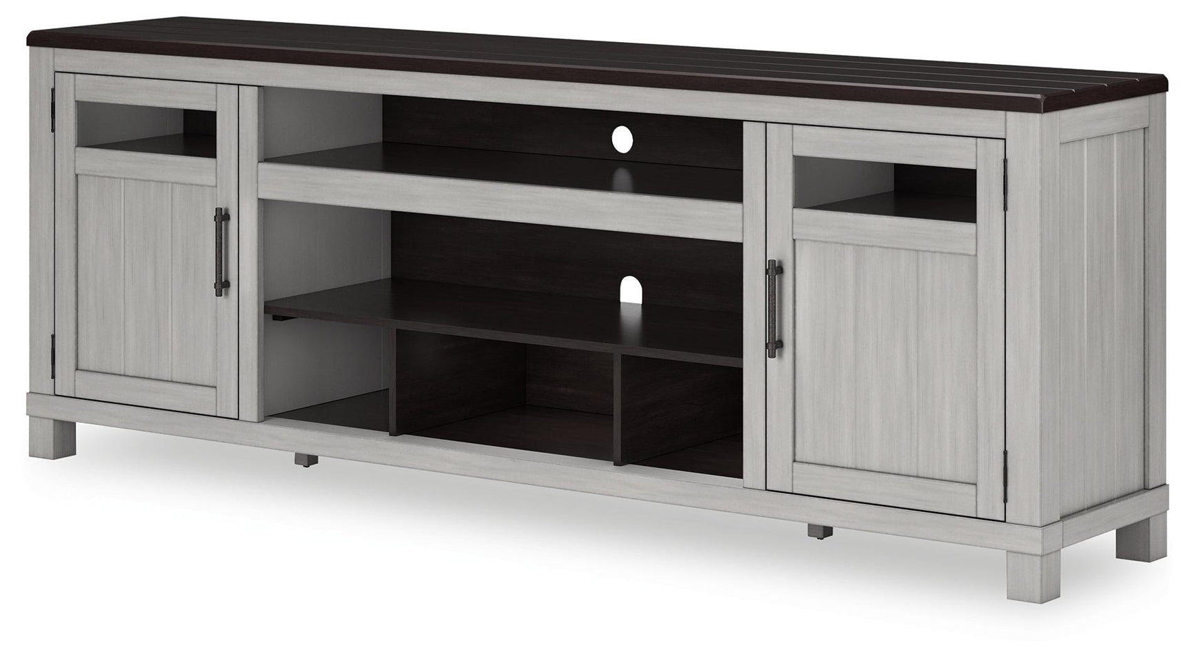 Side angle of Darborn 88 inch TV stand with open cubby