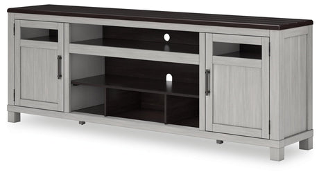 Side angle of Darborn 88 inch TV stand with open cubby