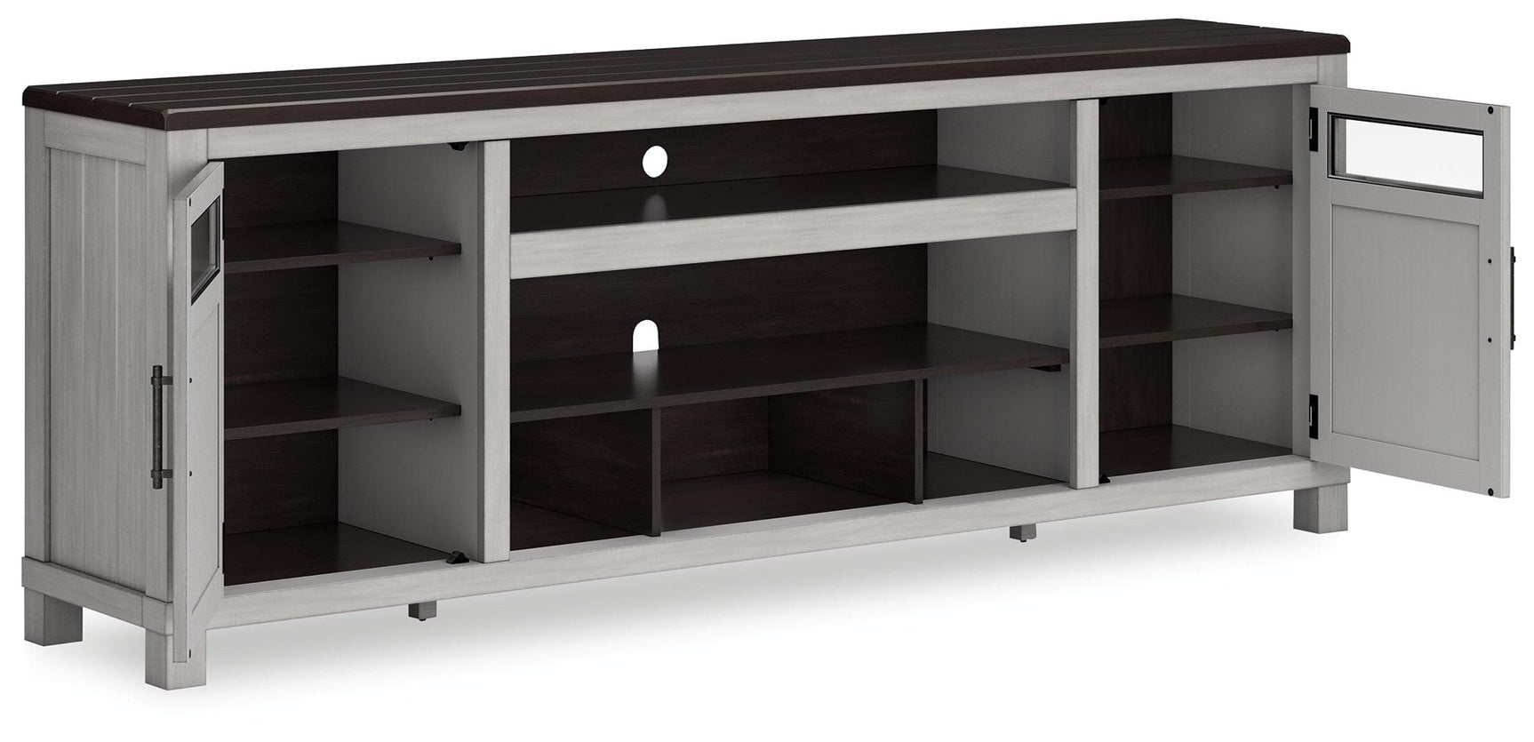 Open cabinet door revealing adjustable shelves in Darborn TV stand