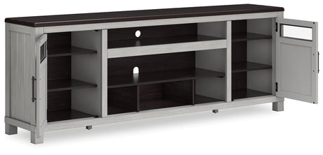 Open cabinet door revealing adjustable shelves in Darborn TV stand
