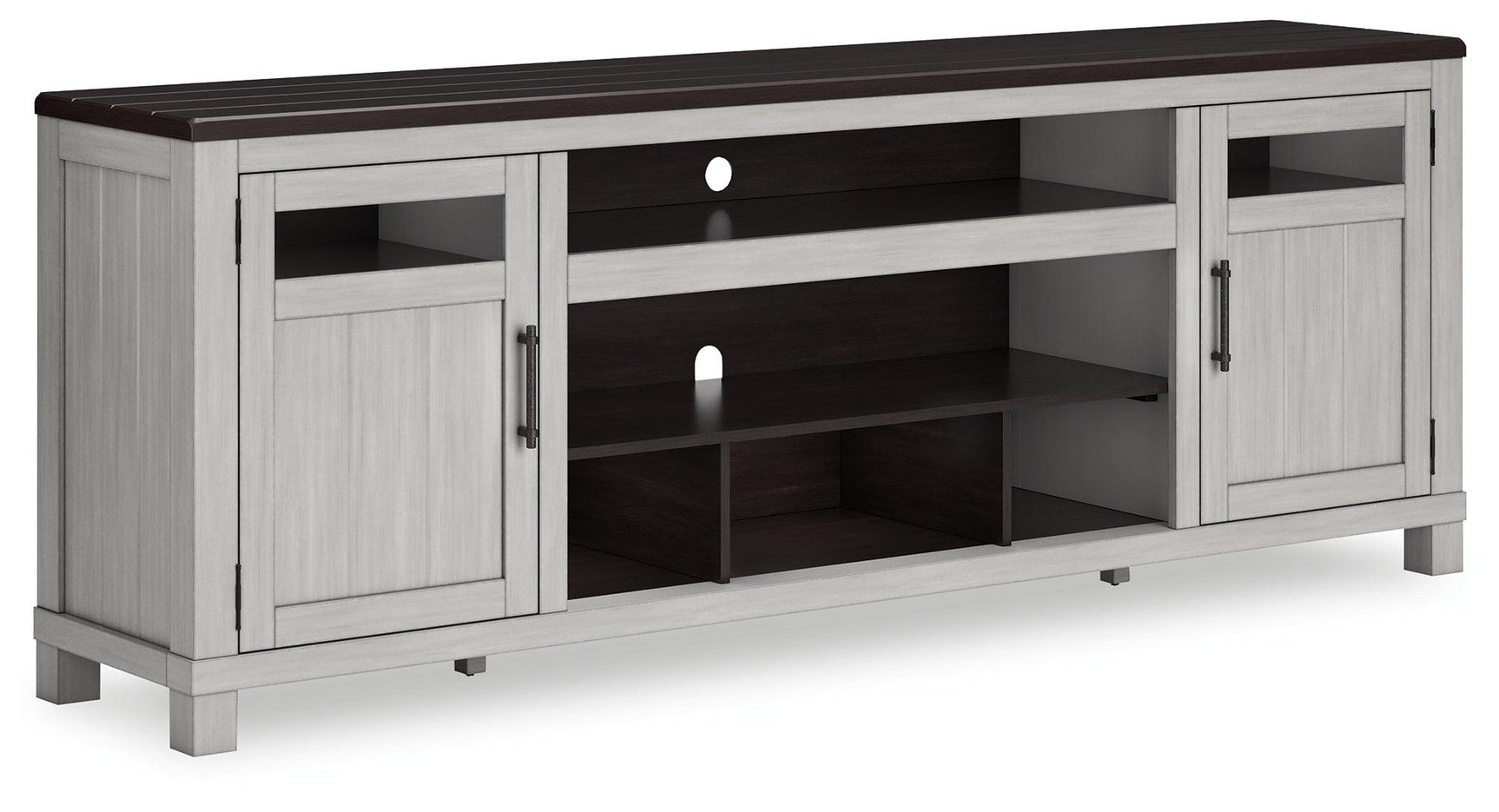 Angled view of Darborn gray and brown TV stand showing cabinet doors