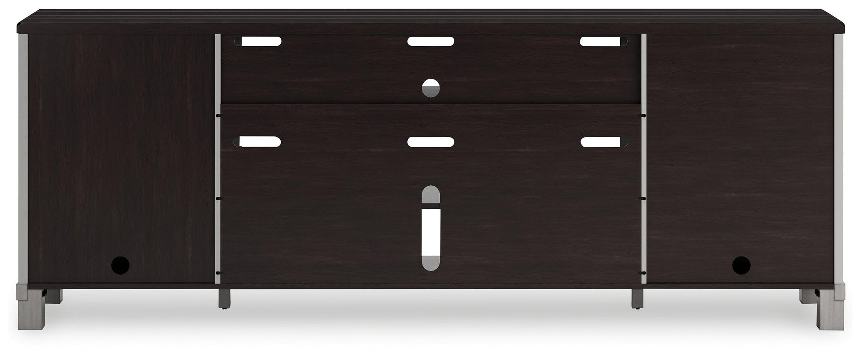 Back side view of Darborn TV stand showing wire management cutouts