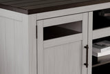 Close-up of two tone finish on Darborn gray and brown TV stand