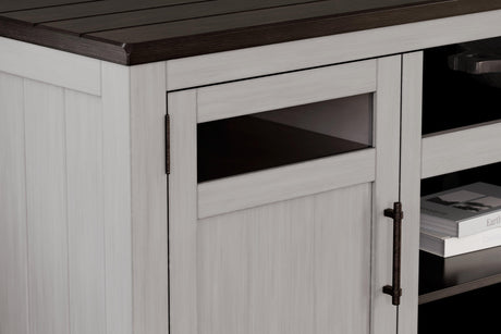 Close-up of two tone finish on Darborn gray and brown TV stand