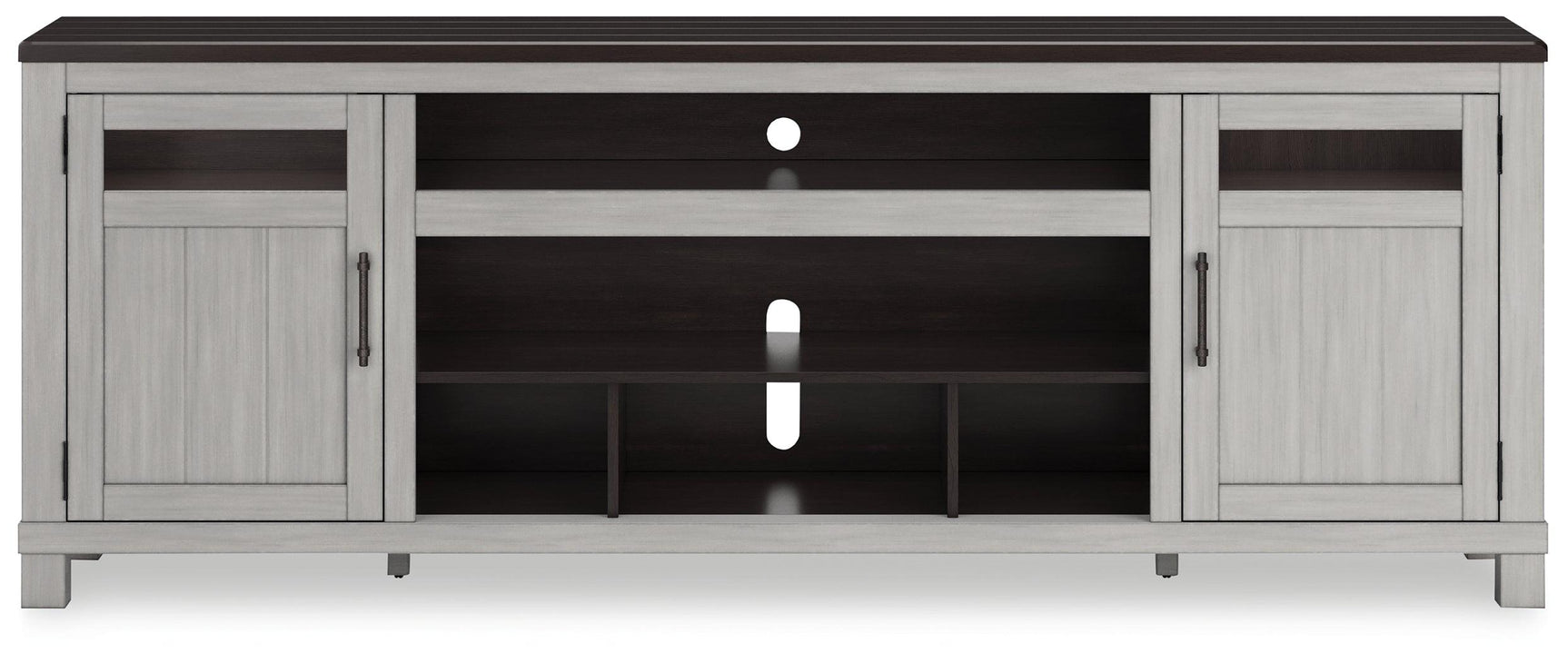 Top view of Darborn gray and brown 88 inch TV stand