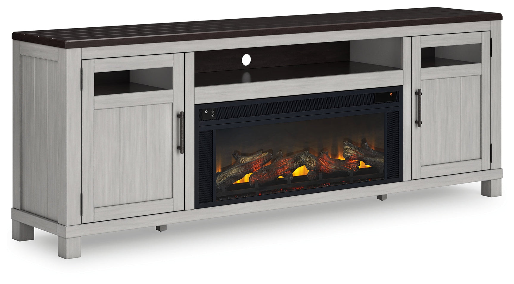 Darborn TV stand side angle showing shelves and cabinet doors