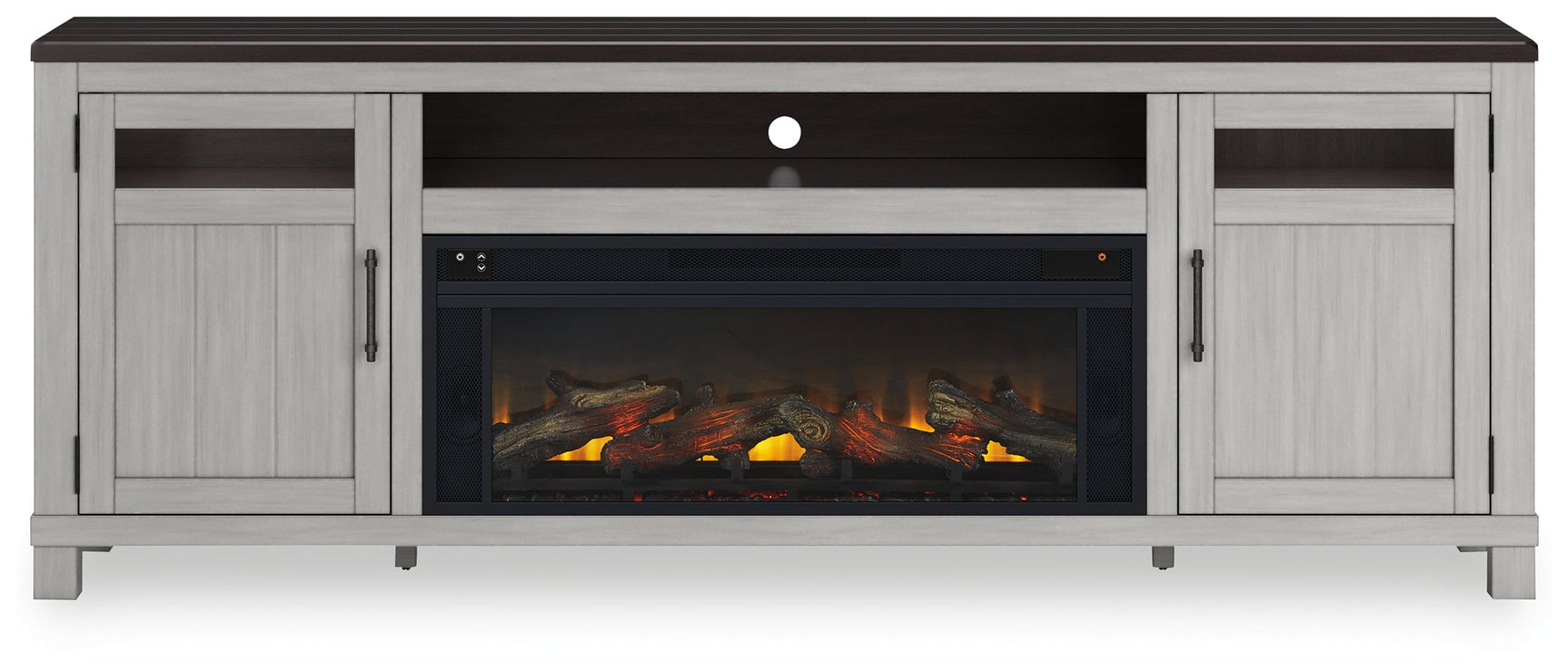Darborn TV stand head-on view with electric fireplace on