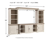 Front view of TV stand with open shelves and cabinets