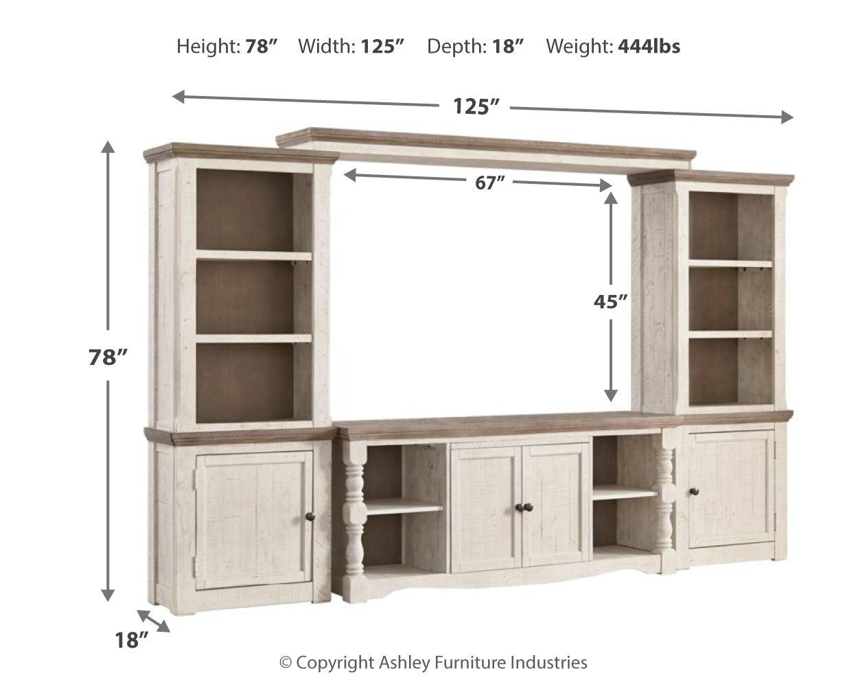 Front view of TV stand with open shelves and cabinets
