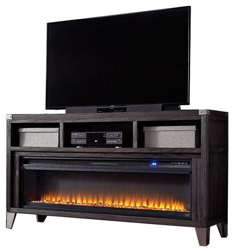 Todoe Gray TV Stand side angle showing drawers and cubbies