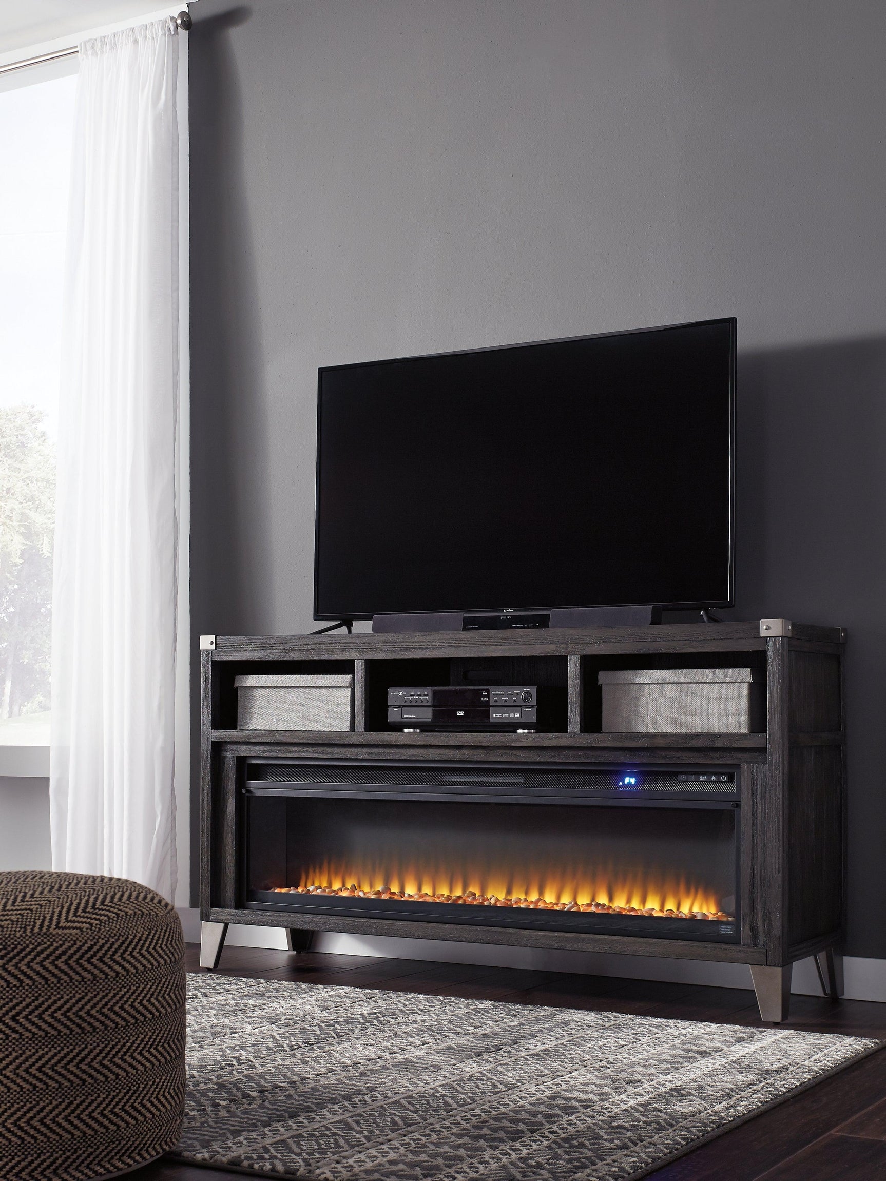 Close-up of Todoe TV Stand electric fireplace insert with LED lights