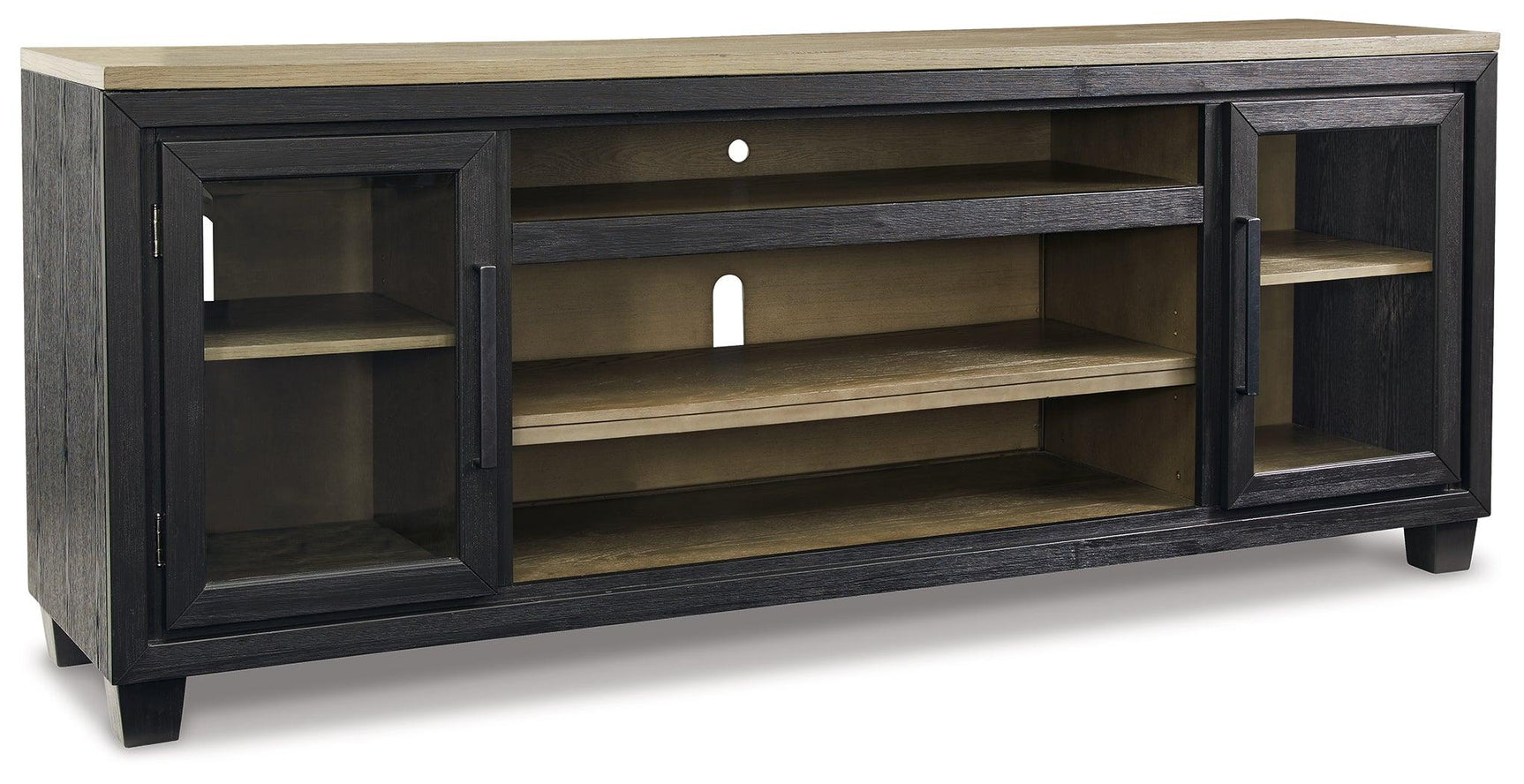 Foyland TV stand with closed glass-front cabinets side view