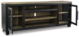 Open glass-front cabinets on Foyland TV stand showing shelves