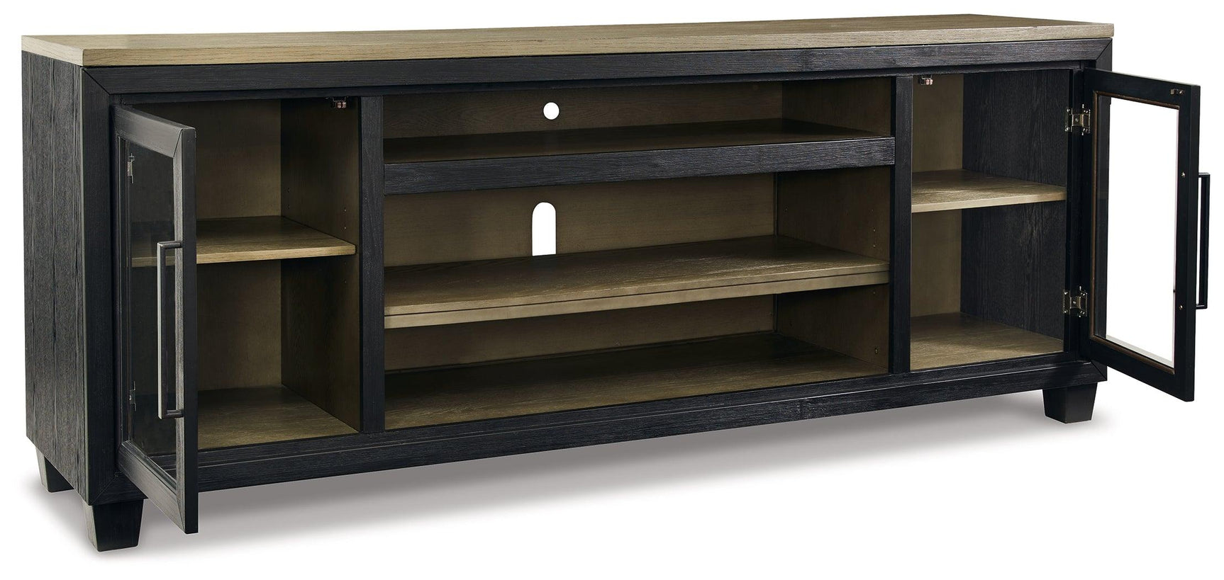 Open glass-front cabinets on Foyland TV stand showing shelves