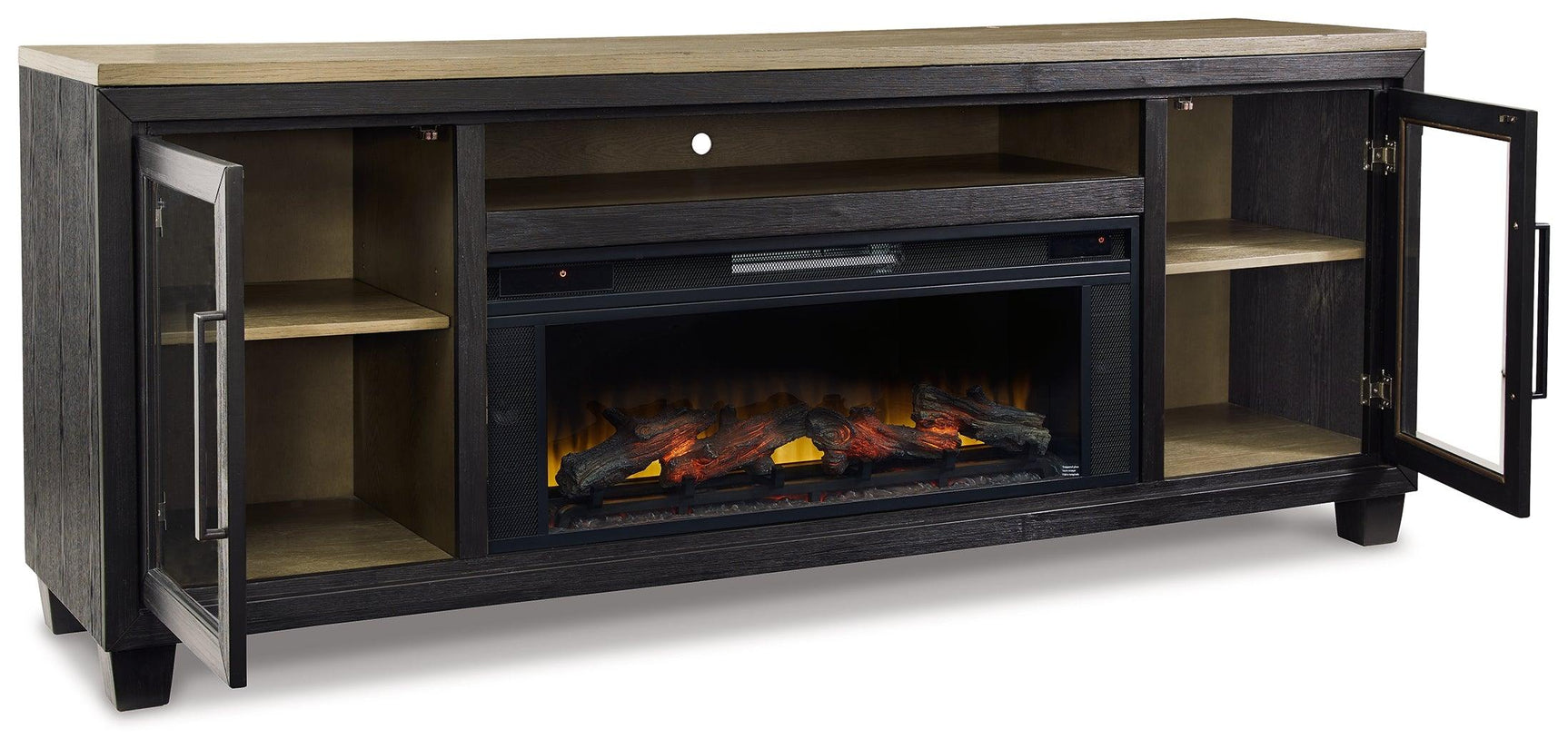 Foyland TV stand angled open cabinet shelves view