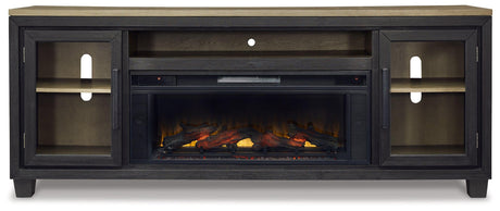 Foyland TV stand head on with fireplace and storage