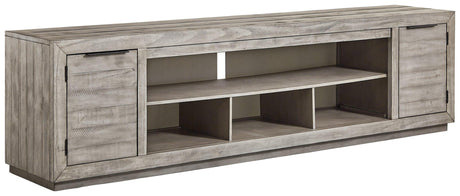 Naydell Gray 92-inch TV Stand side cabinets open angle
