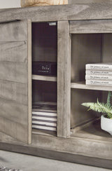 Close-up of Naydell Gray TV Stand weathered gray finish