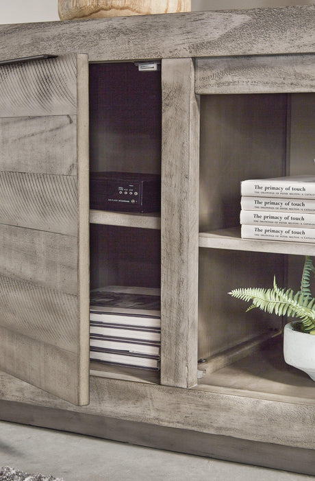 Close-up of Naydell Gray TV Stand weathered gray finish