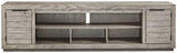 Naydell Gray 92-inch TV Stand head on with rustic finish