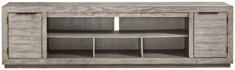 Naydell Gray 92-inch TV Stand head on with rustic finish