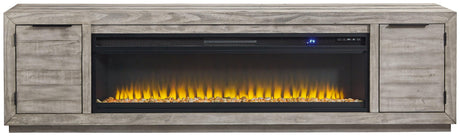 Naydell Gray 92 inch TV Stand with Electric Fireplace head-on view
