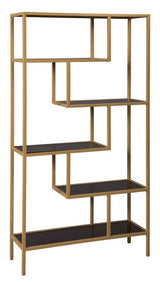 Frankwell gold finish metal and glass 5-shelf bookcase side angle