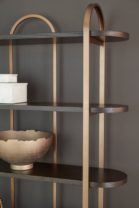 Brentmour bookcase brown gold finish angled view