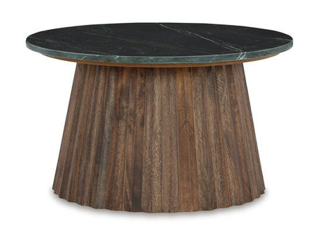 Ceilby square cocktail table angled view showing black and brown finish