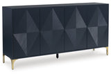 Dark Blue Accent Cabinet angled closed doors view