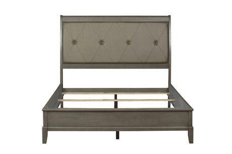 side view of Cotterill gray tufted faux leather bed