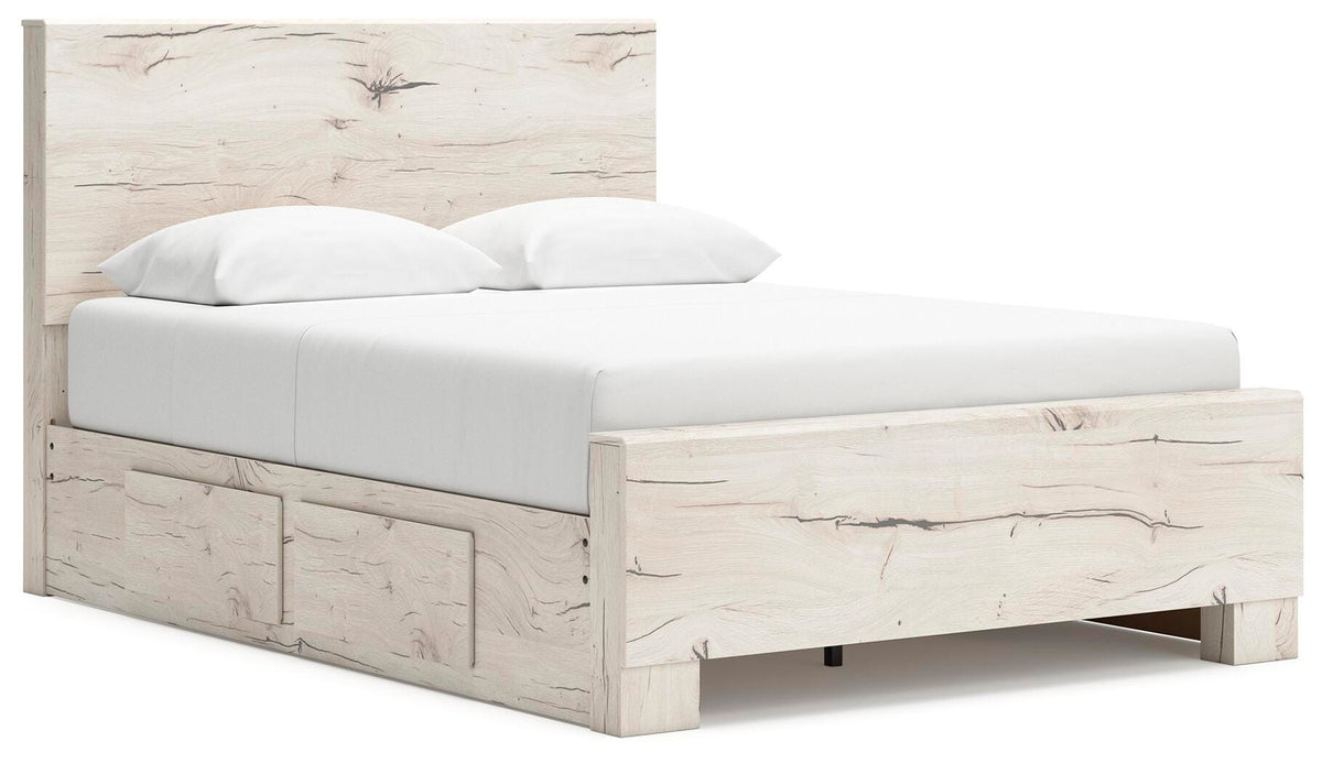 Lawroy Light Natural Queen Panel Bed with Storage — angled view