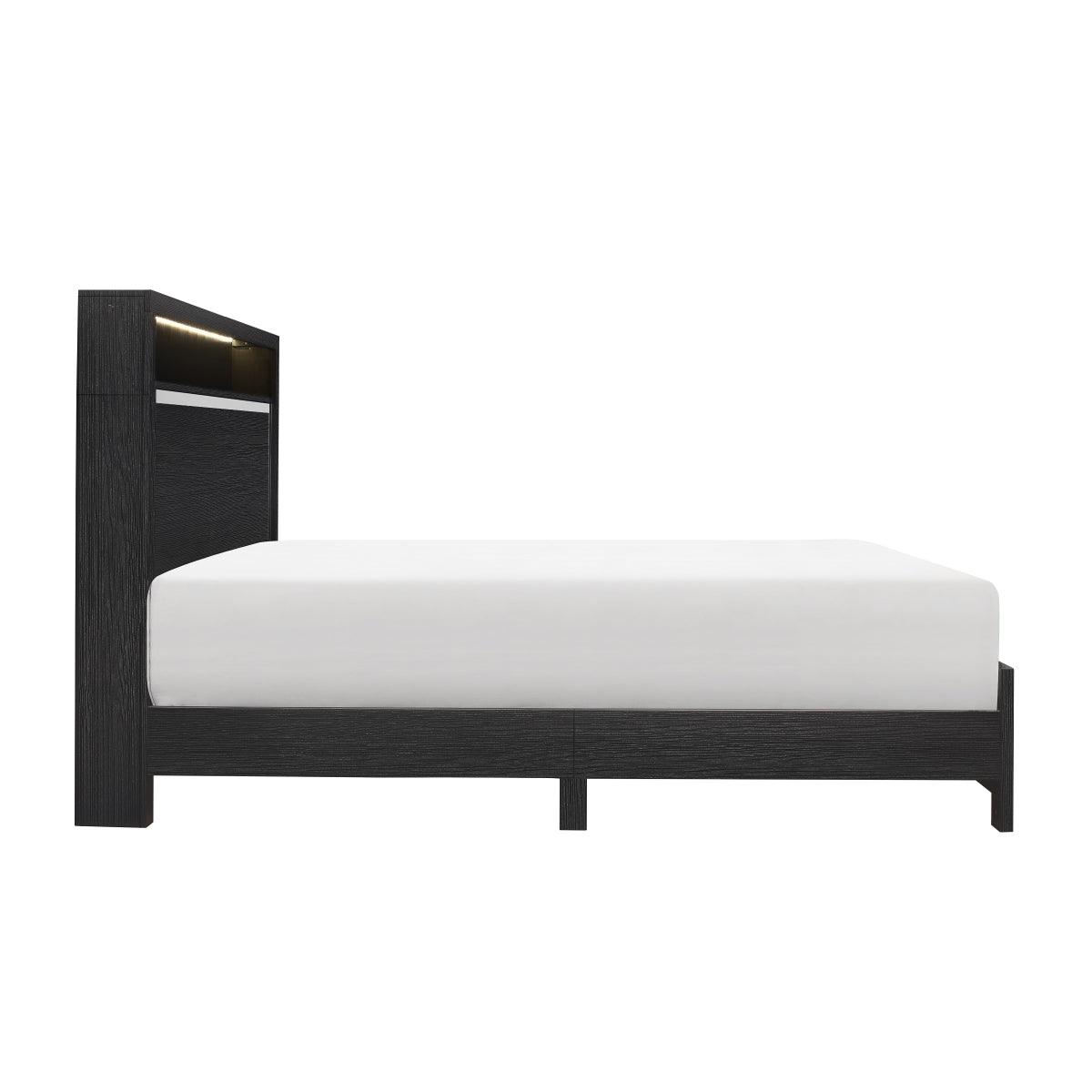 Bellante Black Full Bookcase Bed with LED Lighting - Detail of Headboard Storage