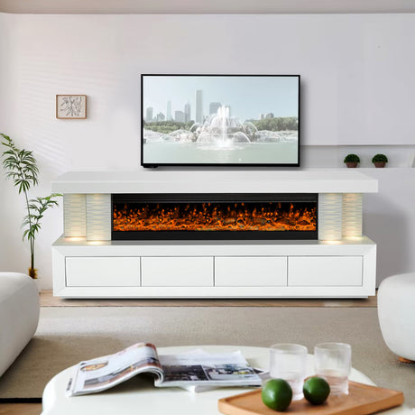 A97 white glass TV stand with electric fireplace front angle