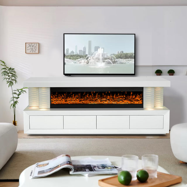 A97 white glass TV stand with electric fireplace front angle