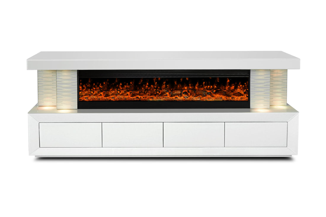 Close-up of electric fireplace and dimmable LED lights