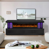 A98 Black glass TV stand with electric fireplace front view