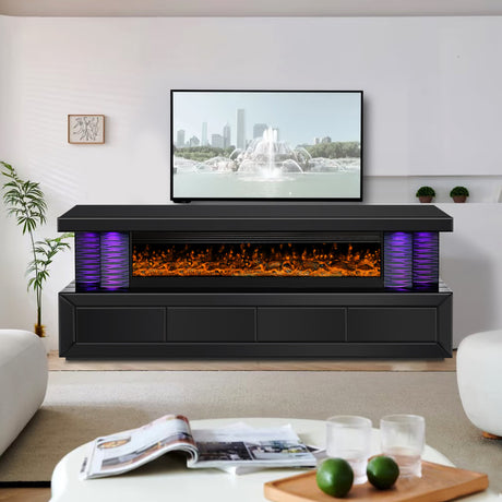 A98 Black glass TV stand with electric fireplace front view