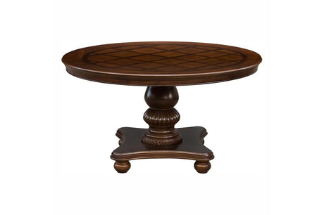 room view of Lordsburg brown cherry round dining table with six faux leather side chairs