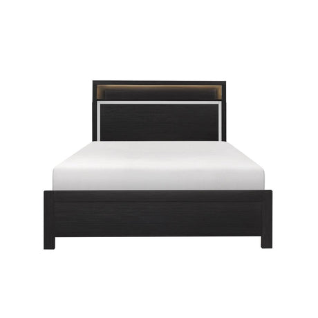 Melamine and acrylic twin bed with LED bookcase, front view