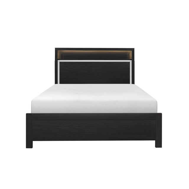 Melamine and acrylic twin bed with LED bookcase, front view