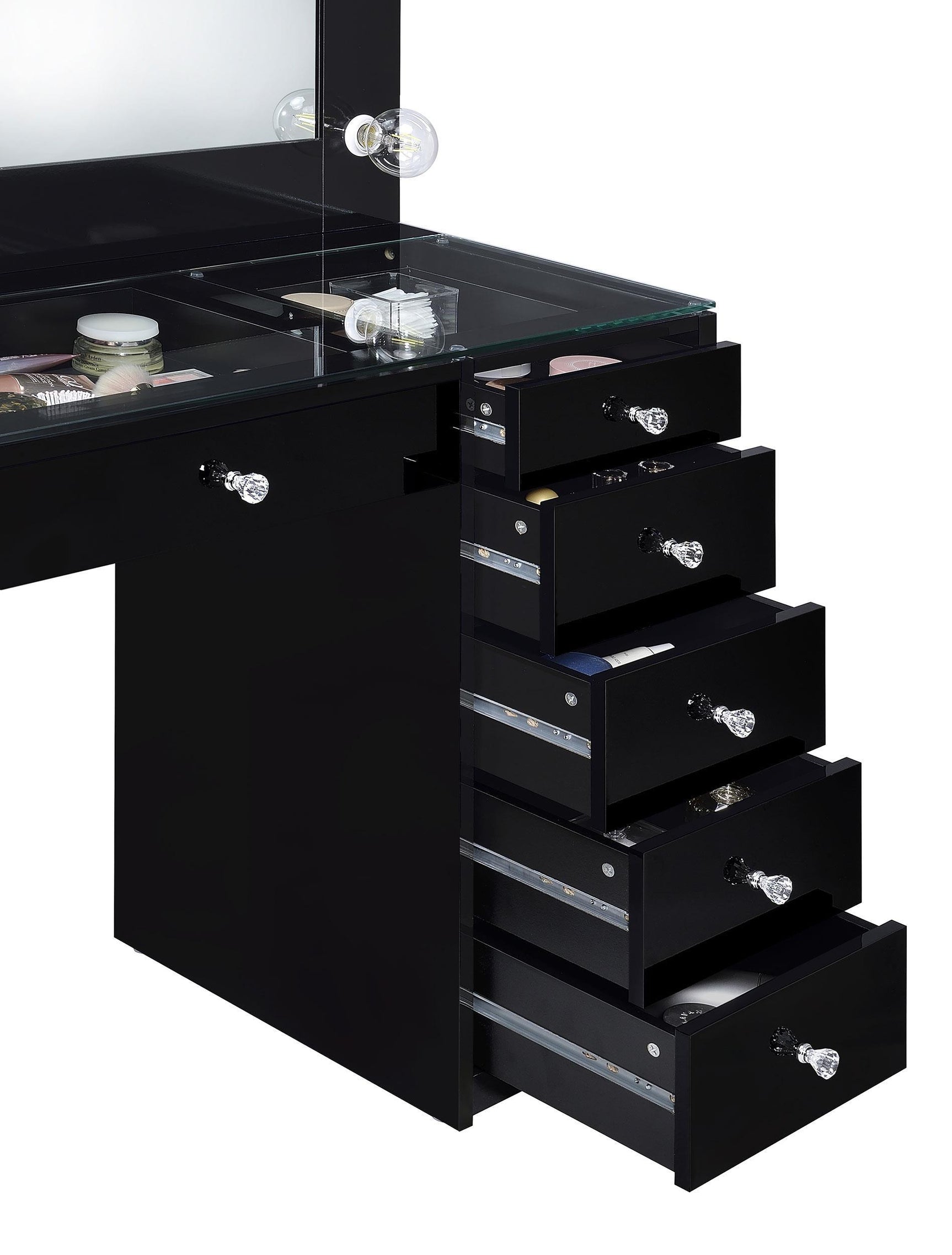 Vanity table with tempered glass surface and drawer arrangement